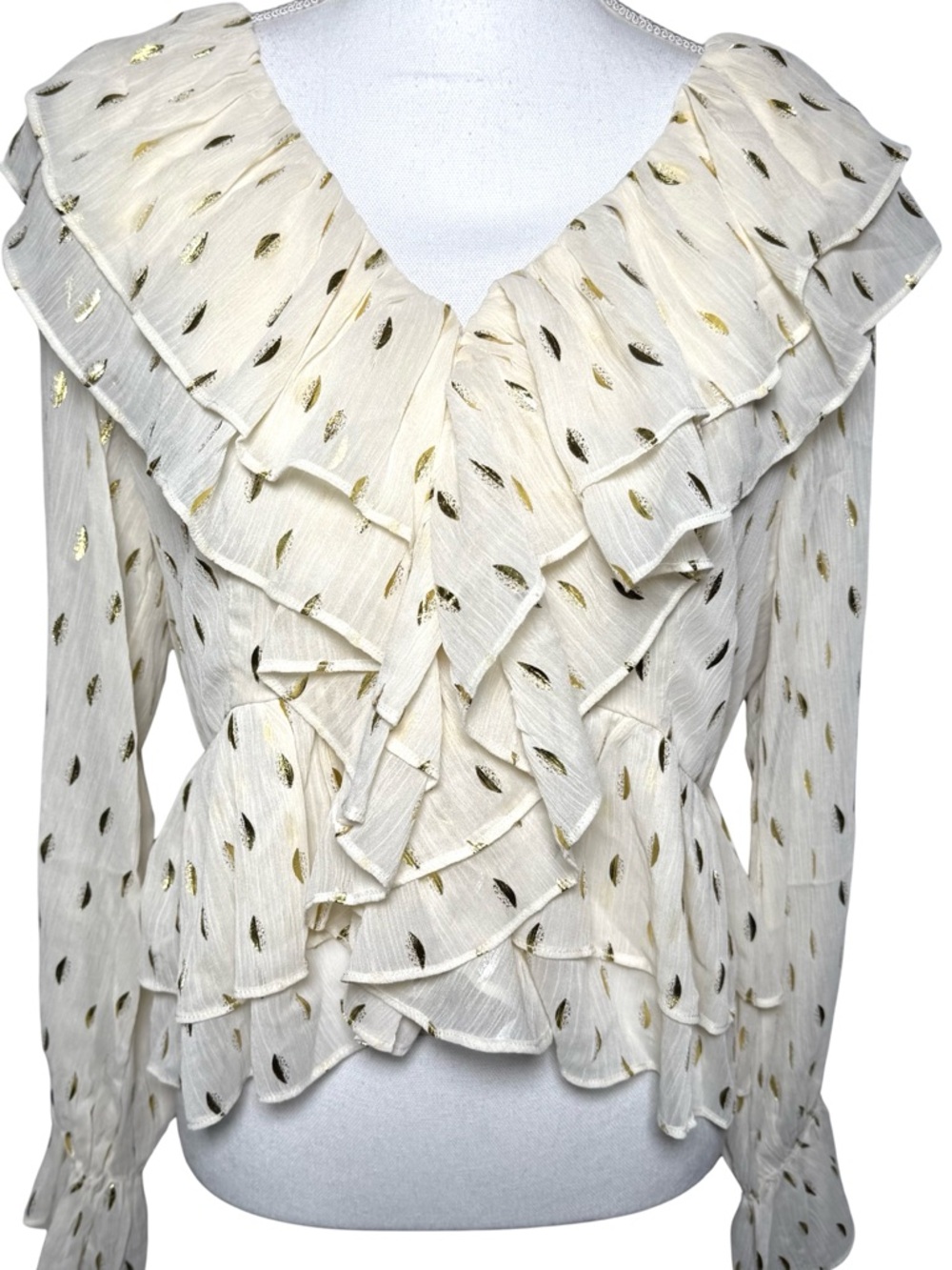 Rubienn Cream Ruffle Gold Leaf Blouse Top Women Medium NWT